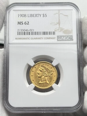 1908 $5 Gold Liberty Head Half Eagle Pre-33 Coin NGC MS62 0.2419oz AGW - Image 1 of 4