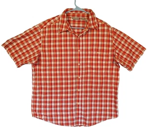Quest Mens Short Sleeve Collared Button Shirt Plaid Orange White Button Size L - Picture 1 of 6