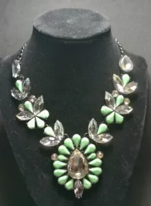 Big Audacious Pastel Green & Rhinestone Necklace In A Black Chrome-like Setting - Picture 1 of 1