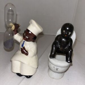 Lot of 2 African American Figurine Baby on Toilet Japan & Hourglass Chef Germany