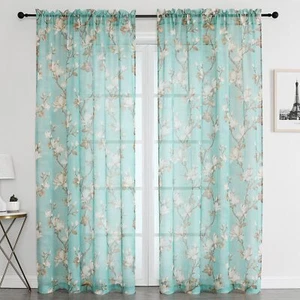 Turquoise Sheer Curtains 63 Inch Length 2 Panels For Living Roomfloral Semi Shee - Picture 1 of 9
