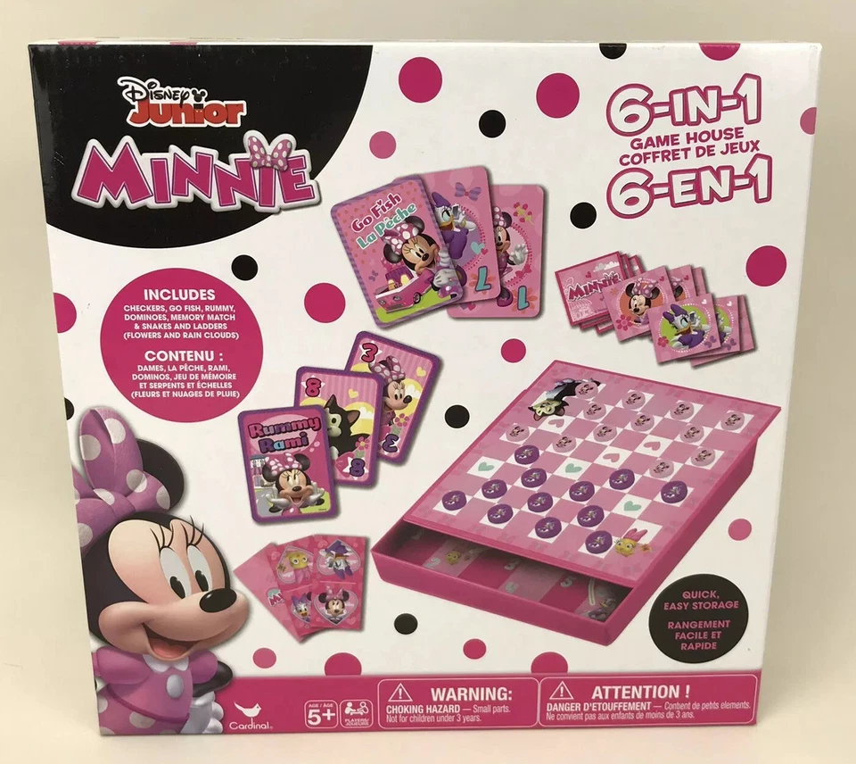 Disney Junior Minnie Mouse 6 in 1 Game Hub Box Checkers Go Fish Rummy Dominoes - Image 1 of 2