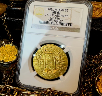 1702 PERU BOB JOHNSON 8 ESCUDOS NGC 61 1715 FLEET SHIPWRECK PIRATE GOLD COINS - Image 1 of 4