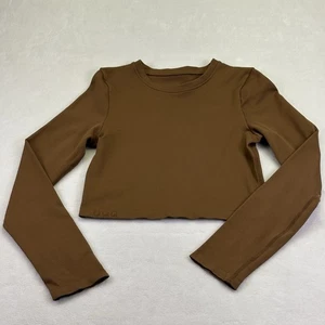 OQQ Womens Long Sleeve Seamless Stretch Round Neck Crop Top Shirt Brown Size L - Picture 1 of 6