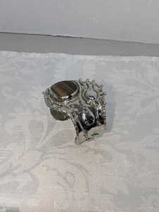 Handgefertigtes silberfarbenes Tigerauge-Cabochon-Manschettenarmband für Damen Südwesten 2,75 Zoll - Bild 1 von 8