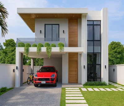 Plano de diseño de casa pequeña de 28x31 pies 8,6x9,5 metros 4 camas 3 baños PDF y copia impresa A4 Foto 1 de 4