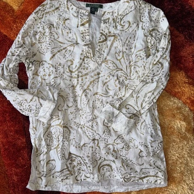 Blusa de Colección Años 80 Ralph Lauren 100% Lino Crema Encaje Cuello Marinero Talla Mediana Foto 1 de 4