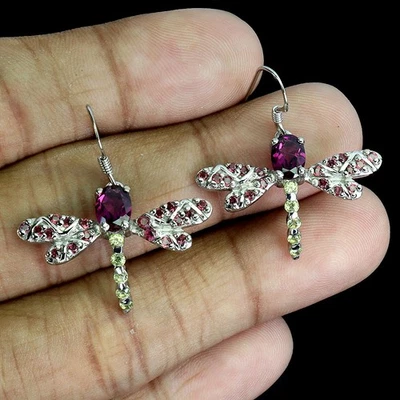 925 Sterling Silber Ohrringe Oval Rhodolit Granat 7x5mm Peridot Edelstein - Bild 1 von 4