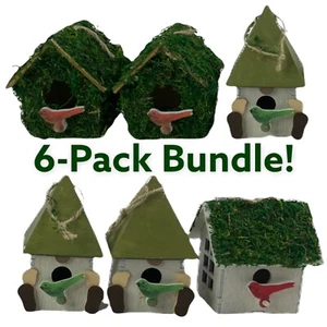 6-PACK Mini Birdhouse Spring Home Decor Wooden Painted w Moss 3.5" - 4.6" NEW - Picture 1 of 12