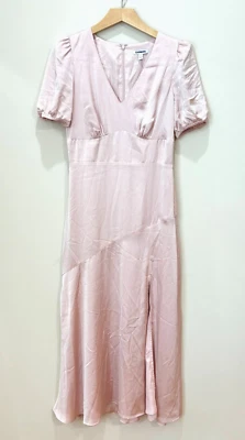 Express Petal Pink Midi Slip Dress S Satin Puff Sleeves Balletcore Wedding Guest - Image 1 of 4
