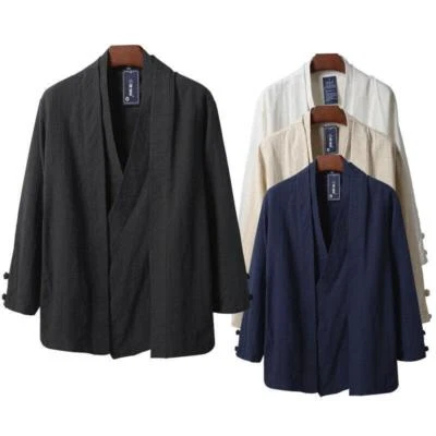 Chaqueta de lino de algodón estilo Hanfu chino para hombre cárdigan kimono liso gabardina Foto 1 de 4
