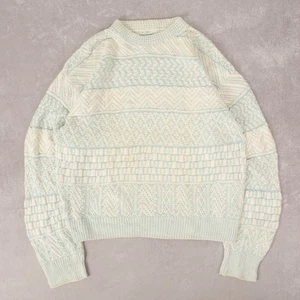 Vintage 90s Patterned Knitted Jumper XL Cotton Men's Blue Patterned - Picture 1 of 7