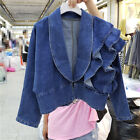 Womens Fashion Design Denim Jacket Coat Ruffle Asymmetric V Neck Short Outwear