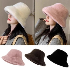 Women Winter Plush Fluffy Bucket Hat Faux Fur Lining Cozy Thicken Wide Brim Cap - Picture 1 of 19