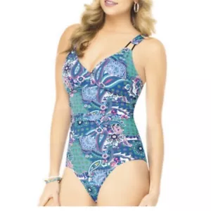 SPANX Assets by Sara Blakely Aqua Blue Pink Paisley One Piece Swimsuit MEDIUM - Picture 1 of 14