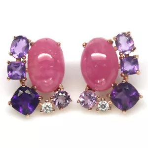 Gema 8x 12Mm. Rosa Rubí, Amatista & Circonita Pendientes 925 Plata Oro Rosa - Imagen 1 de 4