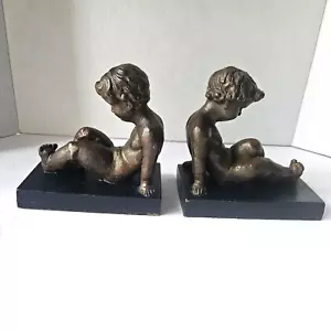 Vintage Pair/Bronze Finish/Heavy Cast Iron Cherub Bookends/Very Good Condition. - Picture 1 of 6