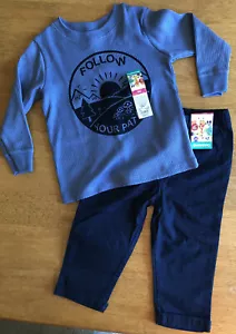 Toddler Boys 18M Blue Outfit FOLLOW YOUR PATH Waffle Shirt & Navy Cotton Pants - Picture 1 of 7