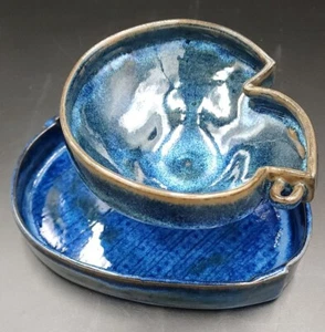 Vtg Art Pottery Unique Cup and Saucer Blue Cobalt Drip Glaze 7"l Plate 3"t Cup - Picture 1 of 7