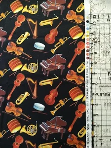 Musical String Instruments Black Cotton Fabric Blank Textiles BTHY 18x44 - Picture 1 of 5