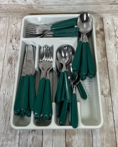 Vintage ONEIDA 55 Pc Lot Green Plastic Handle Utensil Stainless Steel Flatware - Picture 1 of 12