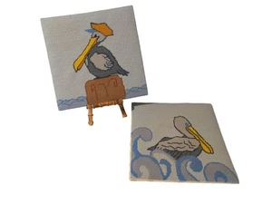 Vintage Needlepointed Pelicans Set of 2 Palm Beach Florida Unframed on Board 10" - Picture 1 of 11
