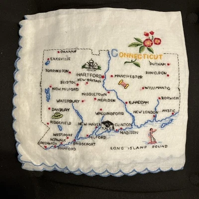 Pañuelo vintage Hankie bordado mapa estatal Connecticut Foto 1 de 4
