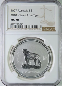 2007 (2010) Australia Lunar Year of the Tiger 1oz .999 Silver $1 Coin NGC MS70 - Picture 1 of 4