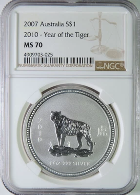 2007 (2010) Australia Lunar Year of the Tiger 1oz .999 Silver $1 Coin NGC MS70 - Image 1 of 4