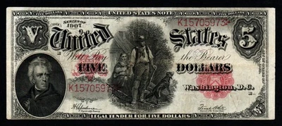 1907 $5 PCBLIC ERROR WOODCHOPPER VF+ Legal Tender United States Note! - Image 1 of 3