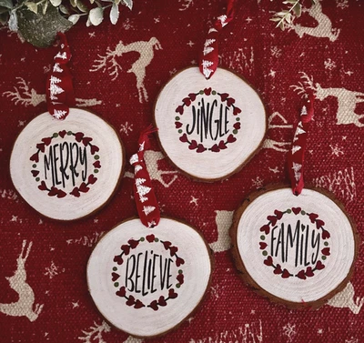 *~* HAND PAINTED MERRY * BELIEVE * JINGLE * FAMILY *~* WOOD DISC ORNIES - Image 1 of 2