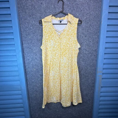 Allison Brittney XL Yellow Sleeveless Dress Collared Crisscross Floral Preppy - Image 1 of 4
