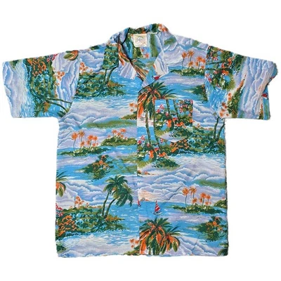 California Rainbow Aloha Shirt Palm Tree Sailboat Island Hawaiian Tropical (T) - Image 1 of 4