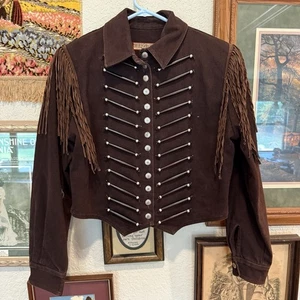Chaqueta pequeña vintage años 90 doble D Ranchwear diseñador de cuero vaquero con flecos para mujer - Imagen 1 de 8