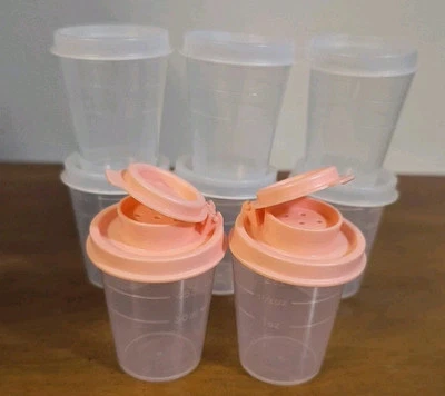 New Tupperware  6 mini tuppers Clear + 2 Salt/ Pepper Shakers Peach Color 2 Oz - Image 1 of 4
