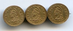 HELMETED WARRIOR 1849 BRITISH COLUMBIA / CALIFORNIA GOLD PIN / 3 $ GOLD COINS - Picture 1 of 4