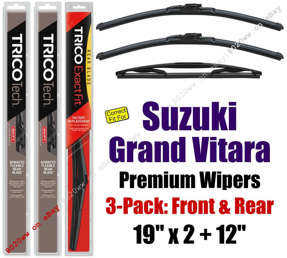 Paquete de 3 limpiaparabrisas delanteros y traseros premium para Suzuki Grand Vitara 2006-2013 19190x2/12A Foto 1 de 1