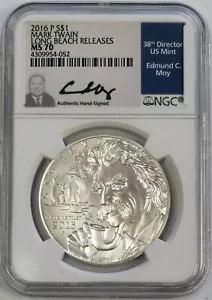 2016 P MARK TWAIN $1 SILVER COMMEMORATIVE COIN MOY NGC MS 70 LONG BEACH RELEASES - Picture 1 of 2