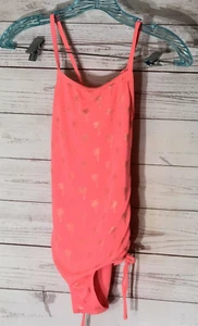 Justice Girls Swimsuit One Piece Size 8 Neon Pink W/ Gold Palm Trees Gather side - Picture 1 of 6