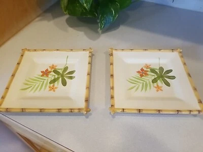 2 Bandeja de baratijas de bambú oriental pintada a mano flores verdes naranja 7 3/4" Foto 1 de 3