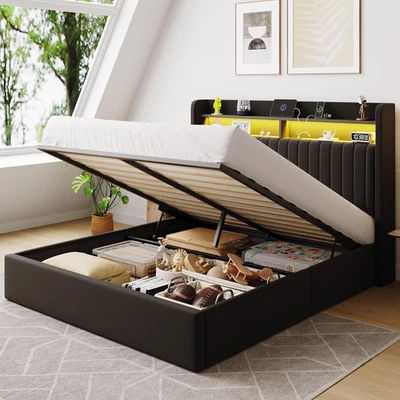 大号升降储物床架/LED灯/充电站/2层置物架  — 第 1/4 张图片