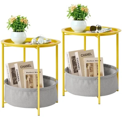 Mesa auxiliar/extremo redonda con cesta de almacenamiento de tela, metal antioxidante e impermeable... Foto 1 de 4