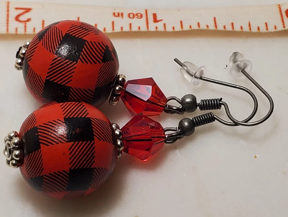 Red Swarovski Crystal Buffalo Plaid Christmas Earrings * Merry Christmas... - Image 1 of 4
