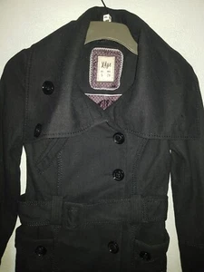 PULL & BEAR XDYE SIZE 10 ladies WOOL BLACK COAT c/w BELT BUCKLE large buttons - Picture 1 of 11
