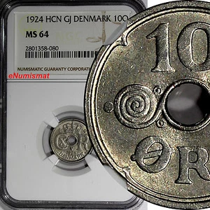 DENMARK Christian X Copper-Nickel 1924 HCN GJ 10 Ore NGC MS64 KM# 822.1 (080) - Picture 1 of 3