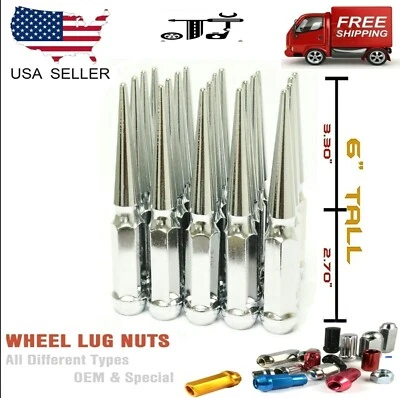 Tuerca de clavo sólida 20 piezas cromada 6" XL de alto M14x1,5 + llave apta para modelos Ford Lincoln Foto 1 de 3