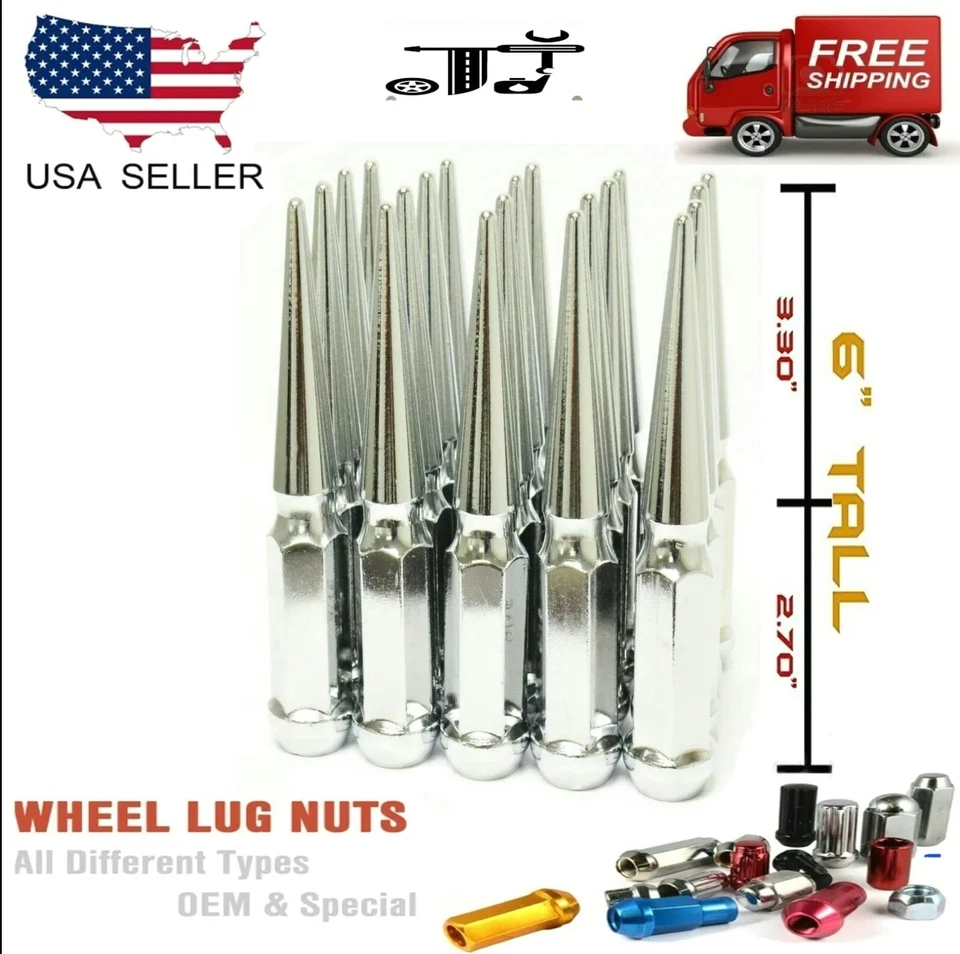 20Pc Chrome 6" XL Tall M14x1.5 Solid Spike Lug Nut+Key Fit Ford Lincoln Models - Image 1 of 3