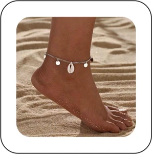Bohemian Cowrie Shell Ankle Bracelet Silver Disc Ankle Chain Bracelet Coin Shell - Picture 1 of 12