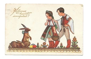 Vintage Postcard HAPPY EASTER Hungarian Kids in traditional costume with Bunny - Picture 1 of 2