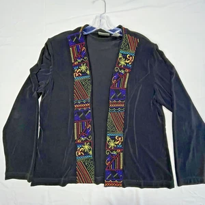 Chicos Travelers Sz 2 L Cardigan Top Embroidered Black Long Sleeve Open Traveler - Picture 1 of 14